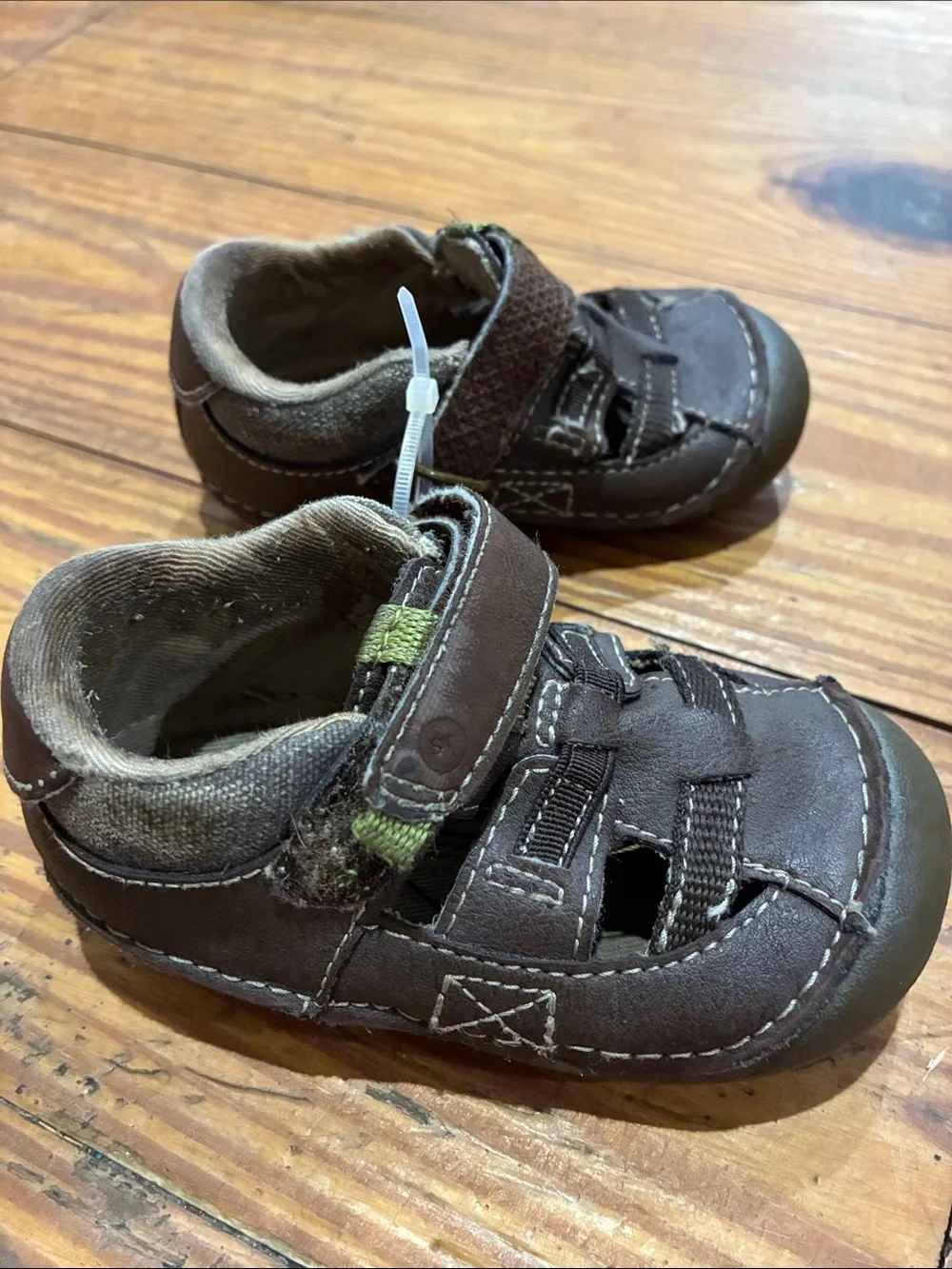 Stride Rite Brown Leather Baby Walker Shoes with Green Accent